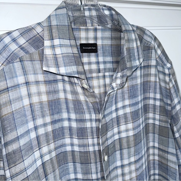 Ermenegildo Zegna Linen Blue/Gray Plaid Shirt Spread Collar XL - Picture 5 of 13